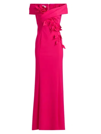 Teri Jon Women's Scuba Flower Off-the-shoulder Gown In Pink