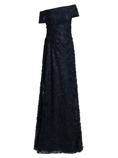 Teri Jon Women's Sequined 3d Lace Off-the-shoulder Gown In Blue