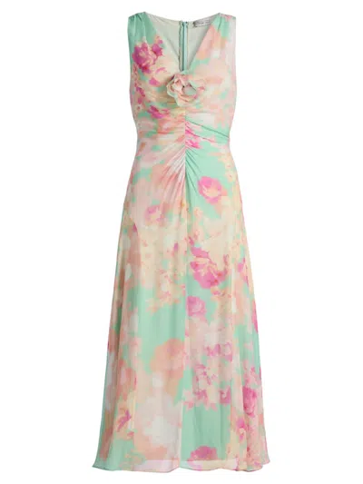 Teri Jon Women's Floral Silk Chiffon Ruched-front Midi-dress In Multi