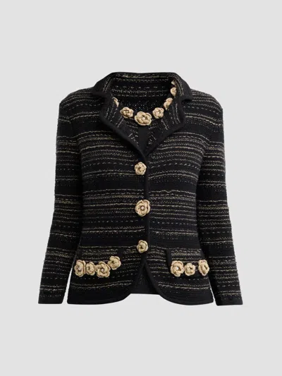 Teri Jon Women's Striped Rosette-appliqué Jacket In Black Champagne
