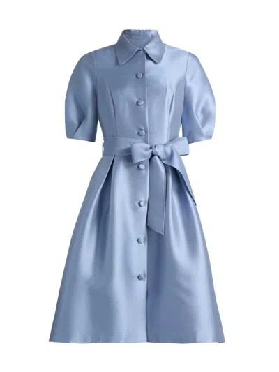 Teri Jon Women's Tie-waist Faille Knee-length Shirtdress In Blue