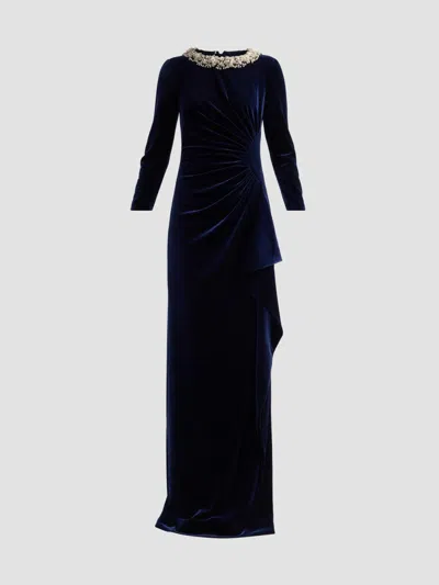 Teri Jon By Rickie Freeman Velvet Jeweled Collar Gown In Blue