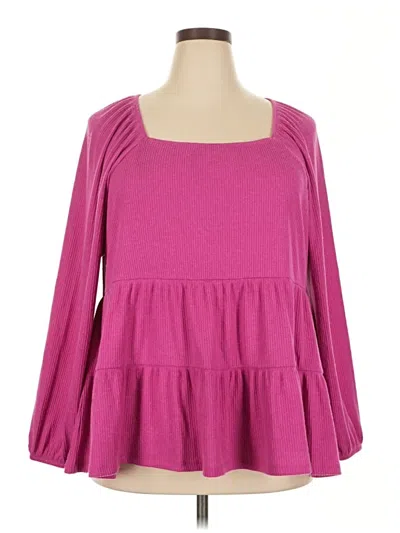 Pre-owned Terra & Sky Long Sleeve Top Pink Square Neckline Tops