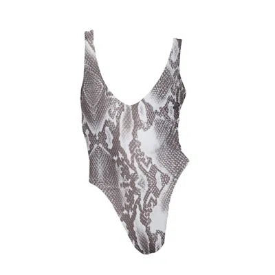 Terra Dea Women's Neutrals / Grey / White Copacabana - High Leg Reversible Swimsuit - Snake & White In Multi