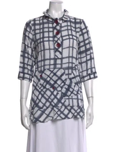 Pre-owned Terra Plaid Print Three-quarter Sleeve Tunic In White