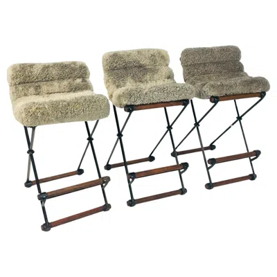Pre-owned Terra Set Of 3 Cleo Baldon “” Bar Stools, 1970s Architectural Iron & Sheepskin In Brown