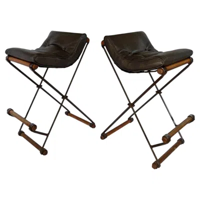 Pre-owned Terra Signed Cleo Baldon  Wrought Iron Bar Counter X Stools Mid Century Modern In Brown