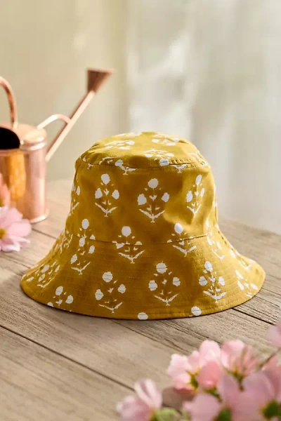 Terrain Block Print Cotton Bucket Hat In Yellow