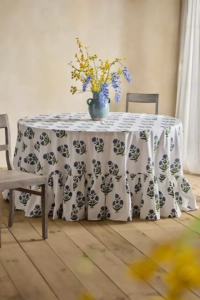 Terrain Blue Posy Cotton Tablecloth, Round In White