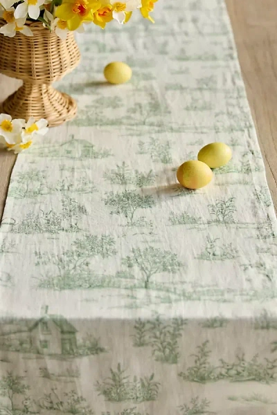 Terrain Bunny Toile Linen Runner In Green