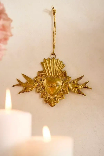 Terrain Burnished Heart Medallion, Lovebirds In Gold