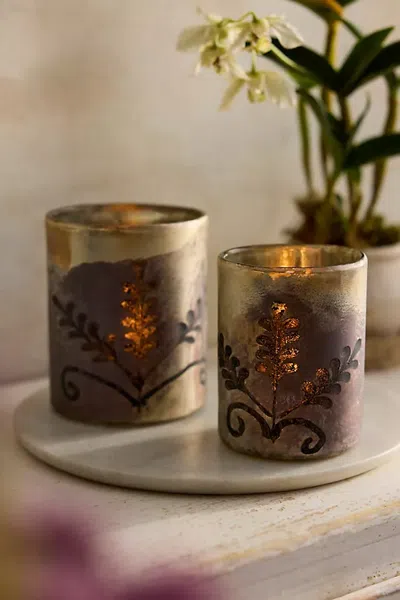 Terrain Burnished Leaves Glass Votive Holders In Multi