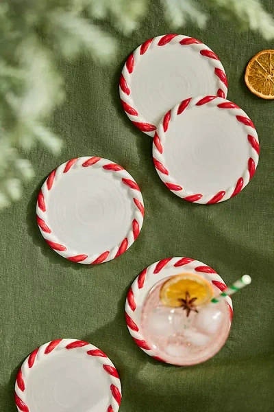 Terrain Candy Cane Ceramic Coasters, Set Of 4 In White