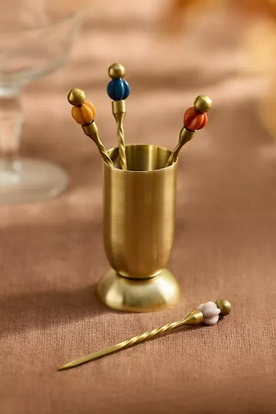 Terrain Carved Ball Cocktail Picks, Set Of 4 In Gold