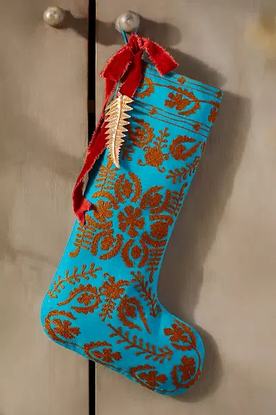 Terrain Crewel Stitch Cotton Stocking In Blue