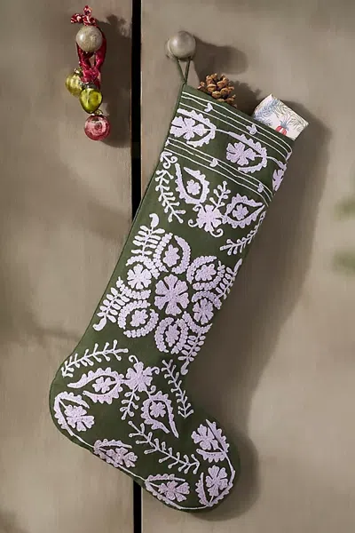 Terrain Crewel Stitch Cotton Stocking In Green