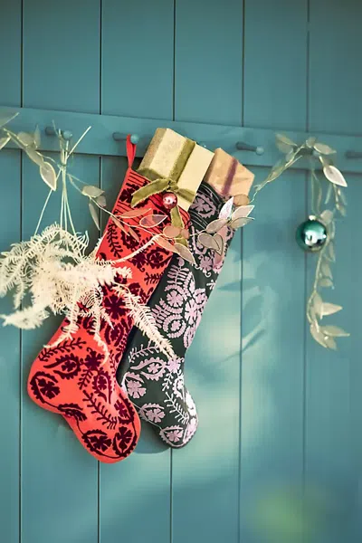 Terrain Crewel Stitch Cotton Stocking In Red