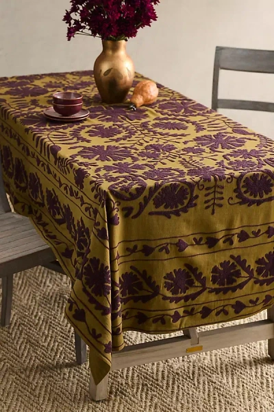 Terrain Crewel Stitch Cotton Tablecloth, Moss