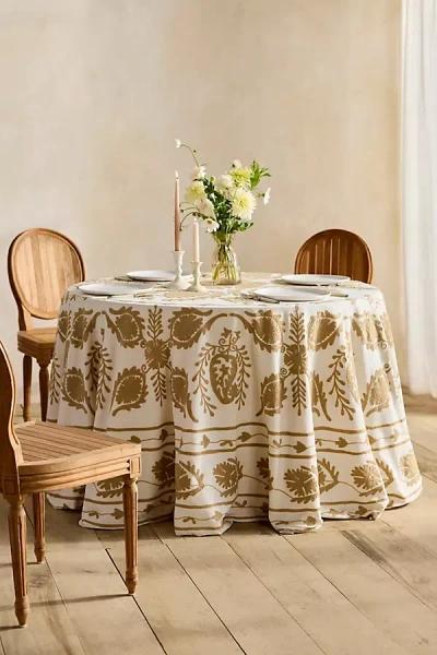 Terrain Crewel Stitch Round Cotton Tablecloth In Brown
