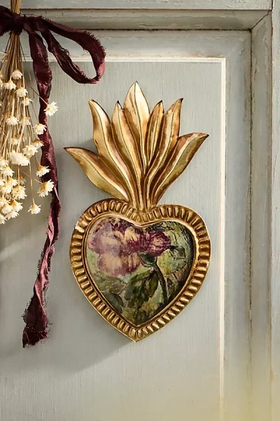 Terrain Enameled Green Floral Heart Medallion Ornament In Gold