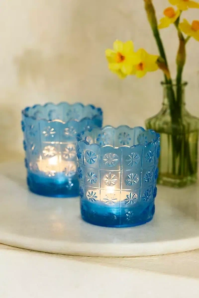 Terrain Etched Daisy Glass Votives, Set Of 2 In Blue