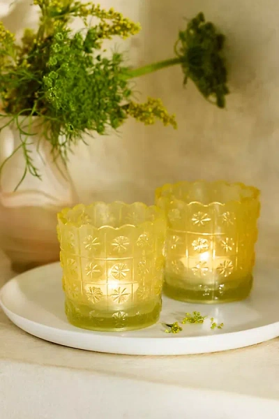 Terrain Etched Daisy Glass Votives, Set Of 2 In Yellow