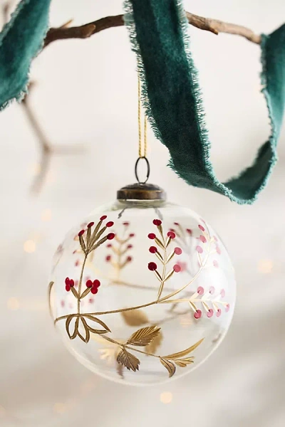 Terrain Etched Red Berry Glass Globe Ornament