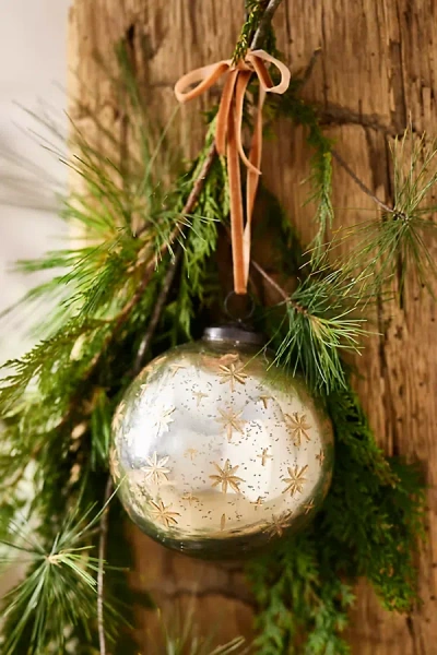 Terrain Etched Stars Metallic Glass Globe Ornament