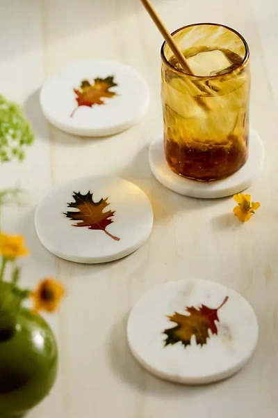 Terrain Fall Leaf Marble Coasters, Set Of 4 In Gold