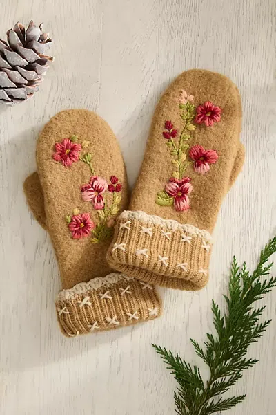 Terrain Floral Embroidered Mittens In Brown