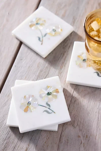 Terrain Floral Inlay Marble Coasters, Set Of 4 In Multicolor