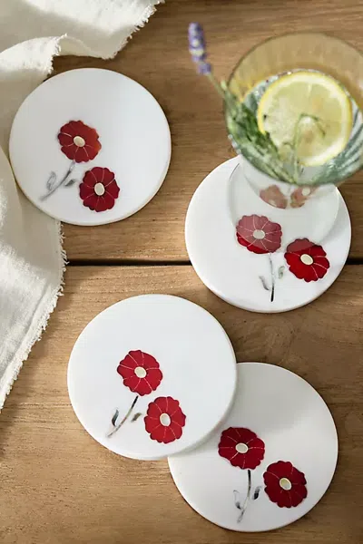 Terrain Floral Inlay Marble Coasters, Set Of 4 In Multi