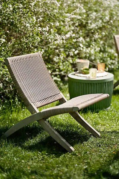 Terrain Folding Teak + Wicker Scissor Chair In Beige