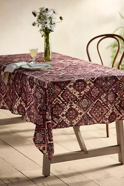 Terrain Geometric Tapestry Linen Tablecloth In Burgundy