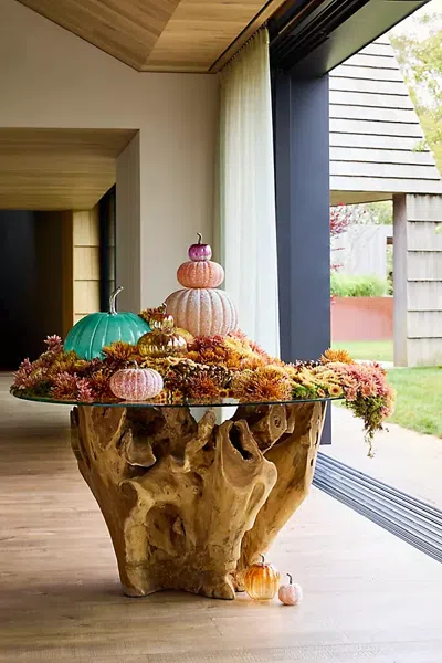 Terrain Glass Top Teak Root Round Dining Table In Multi