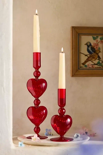 Terrain Heart Glass Taper Holder In Red