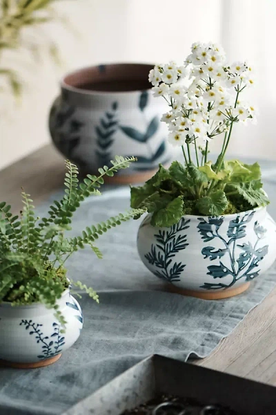 Terrain Indigo Floral Low Jar Planter In White