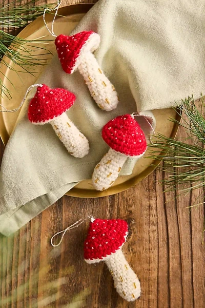 Terrain Knit Mushroom Ornaments, Set Of 4 In Multi