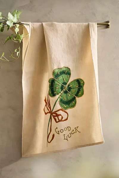 Terrain Lucky Shamrock Linen Dish Towel In Neutral
