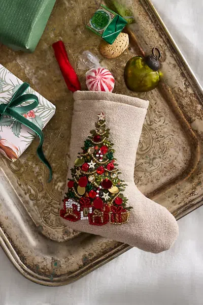 Terrain Mini Beaded Tree Cotton Stocking In Beige