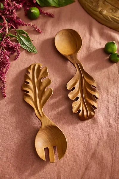 Terrain Oak Leaf Teak Serving Utensil Set In Brown