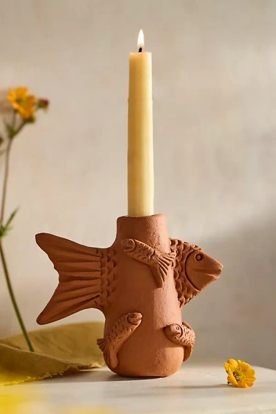 Terrain Oaxacan Clay Fish Taper Holder In Brown