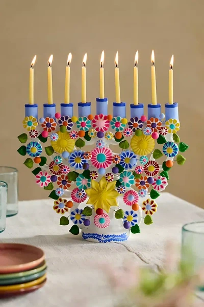 Terrain Oaxacan Clay Floral Painted Hanukkah Menorah In Multi
