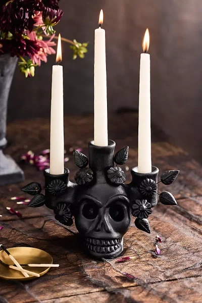 Terrain Oaxacan Clay Skull Taper Holder In Black