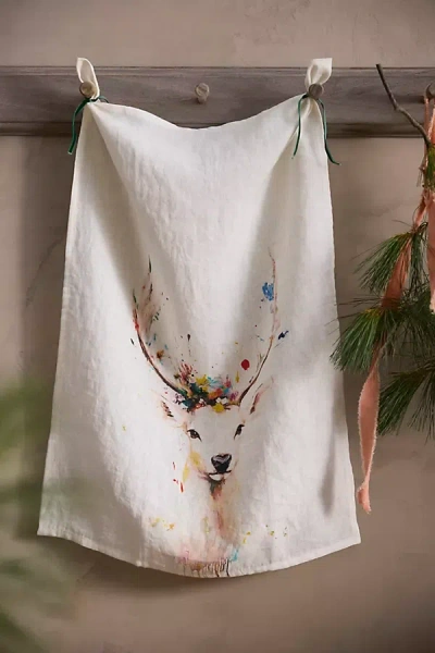 Terrain Painterly Deer Linen Dish Towel In Multi
