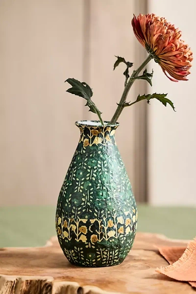 Terrain Patterned Papier Mache Bud Vase, Oranges + Greens