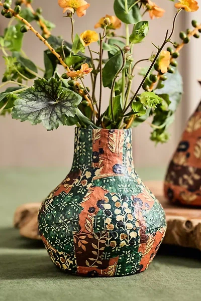 Terrain Patterned Papier Mache Bud Vase, Oranges + Greens In Multi