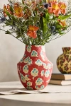 Terrain Patterned Papier Mache Bud Vase, Reds, Blues + Neutrals
