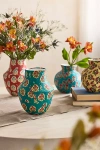 Terrain Patterned Papier Mache Bud Vase, Reds, Blues + Neutrals