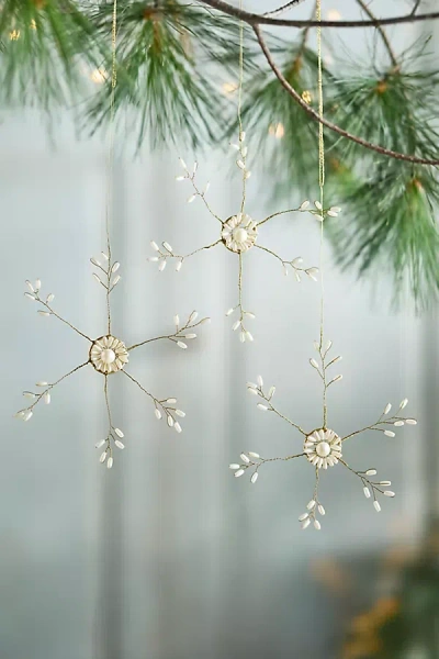 Terrain Pearl Snowflake Ornaments, Set Of 3 In Neutral